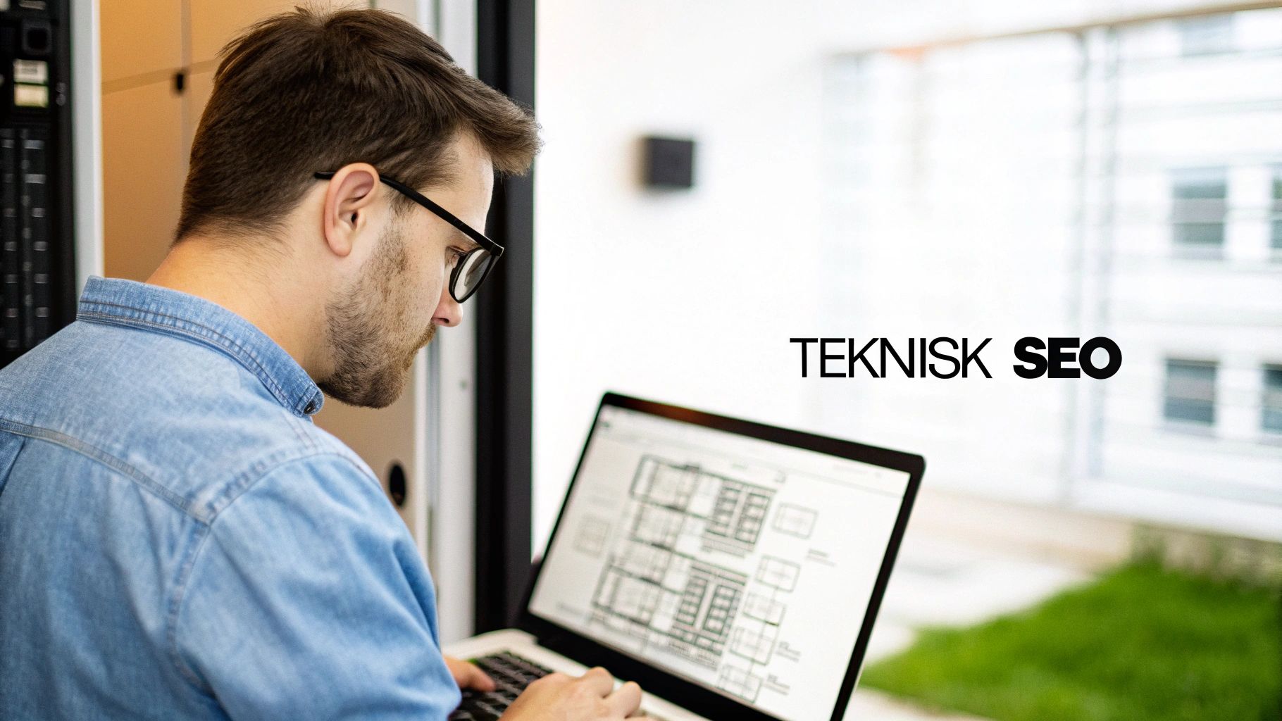 Mann med briller og dongeriskjorte jobber på en laptop, med teksten 'TEKNISK SEO' i bakgrunnen.