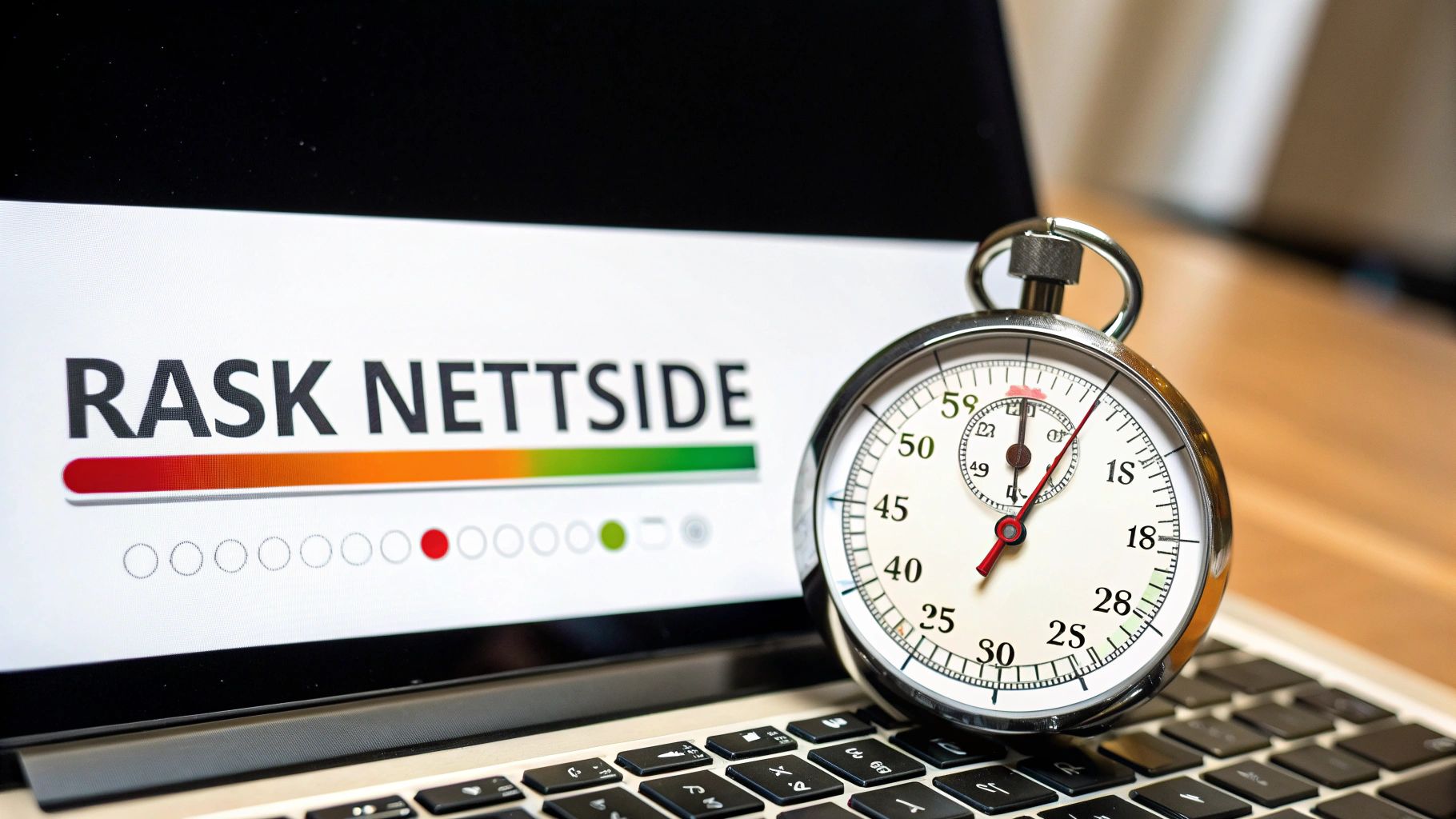 En stoppeklokke ligger på et tastatur ved siden av en laptop som viser "RASK NETTSIDE" og en fremdriftslinje.