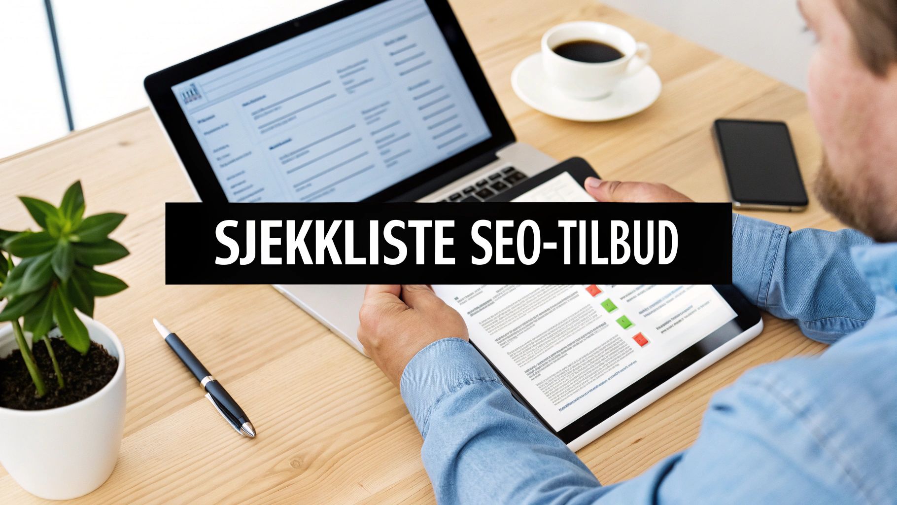 Mann ser på tablet med SEO-sjekkliste, omgitt av laptop, kaffe og telefon på et trebord.