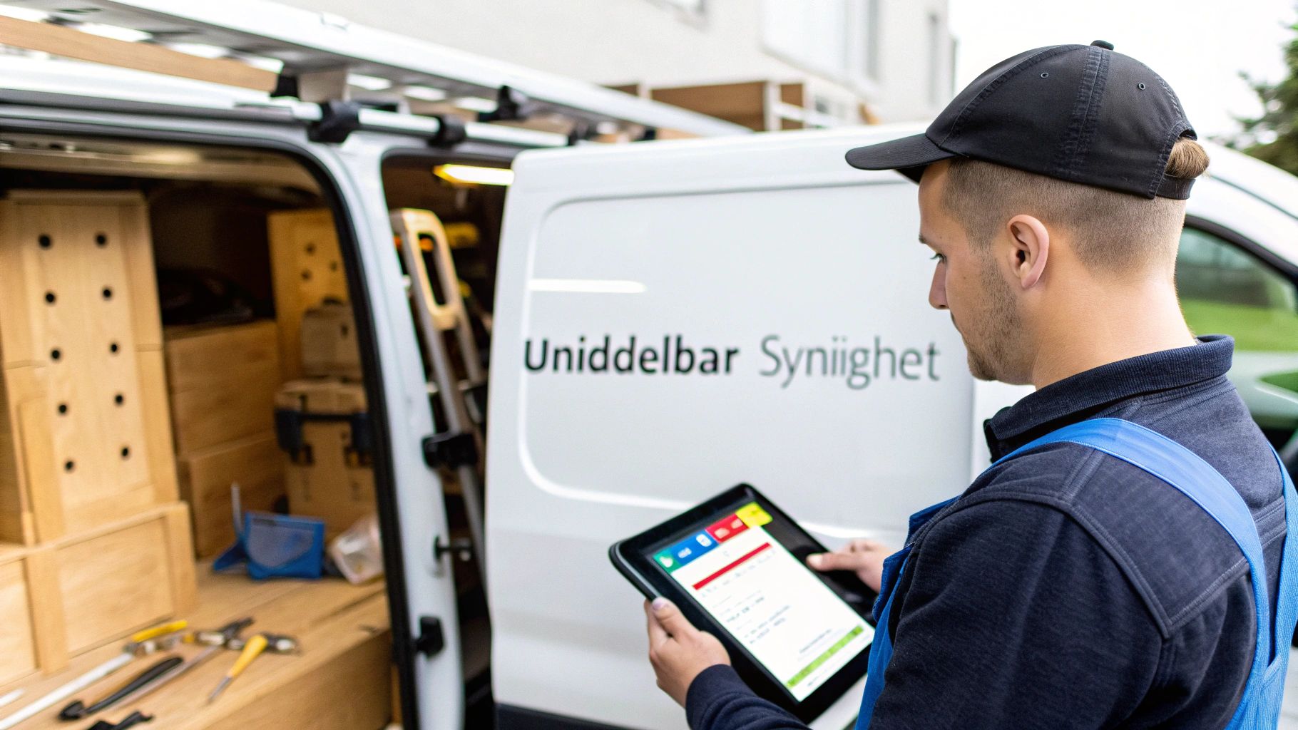 En mann i arbeidsuniform ser på et nettbrett ved siden av en varebil med åpen bakdør som viser verktøy.