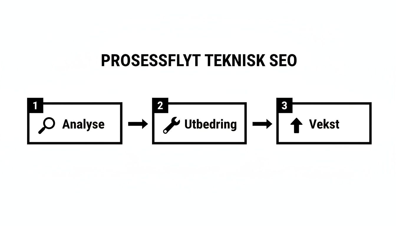 Diagram som viser prosessflyten for teknisk SEO: Analyse, Utbedring og Vekst, illustrert med ikoner.