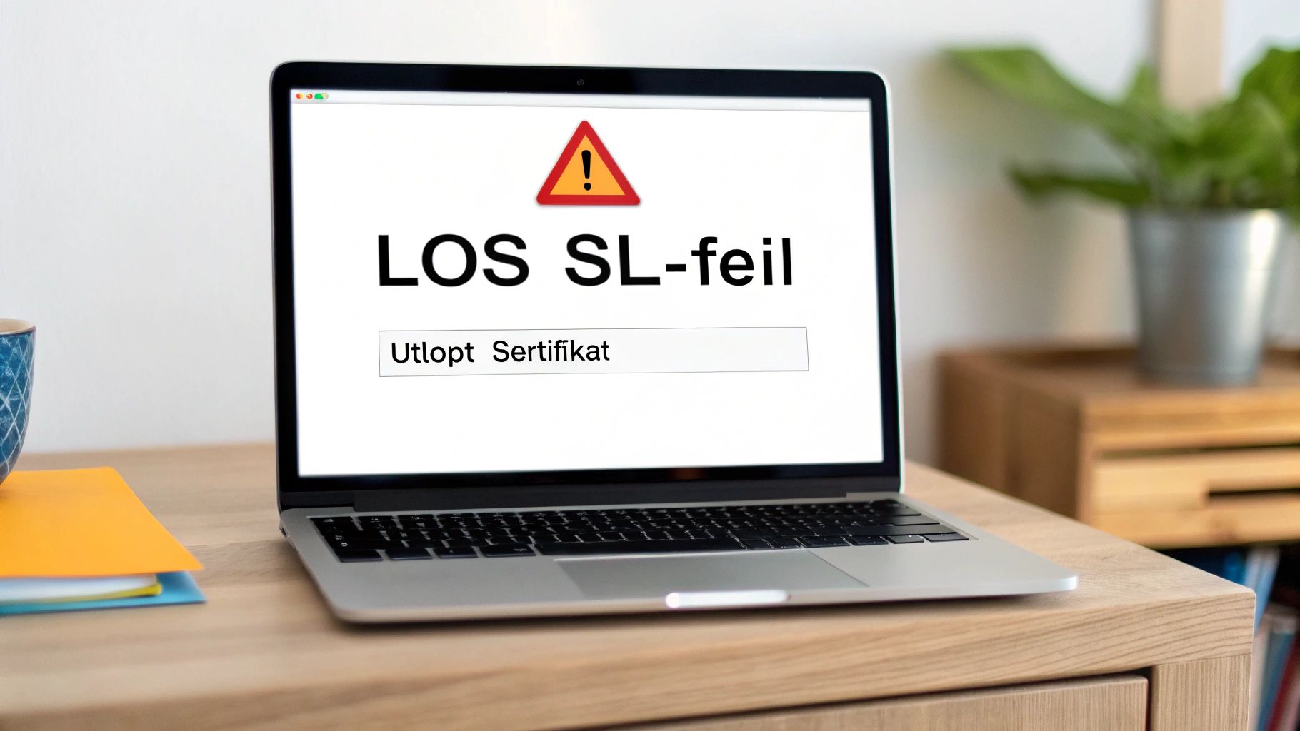 Laptop på skrivebord viser en feilmelding med en rød advarselstrekant og teksten 'Utløpt Sertifikat'.