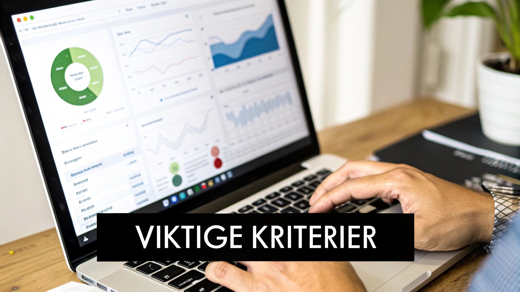 En person som jobber på en laptop med grafer og data, fremhever viktige kriterier for analyse.