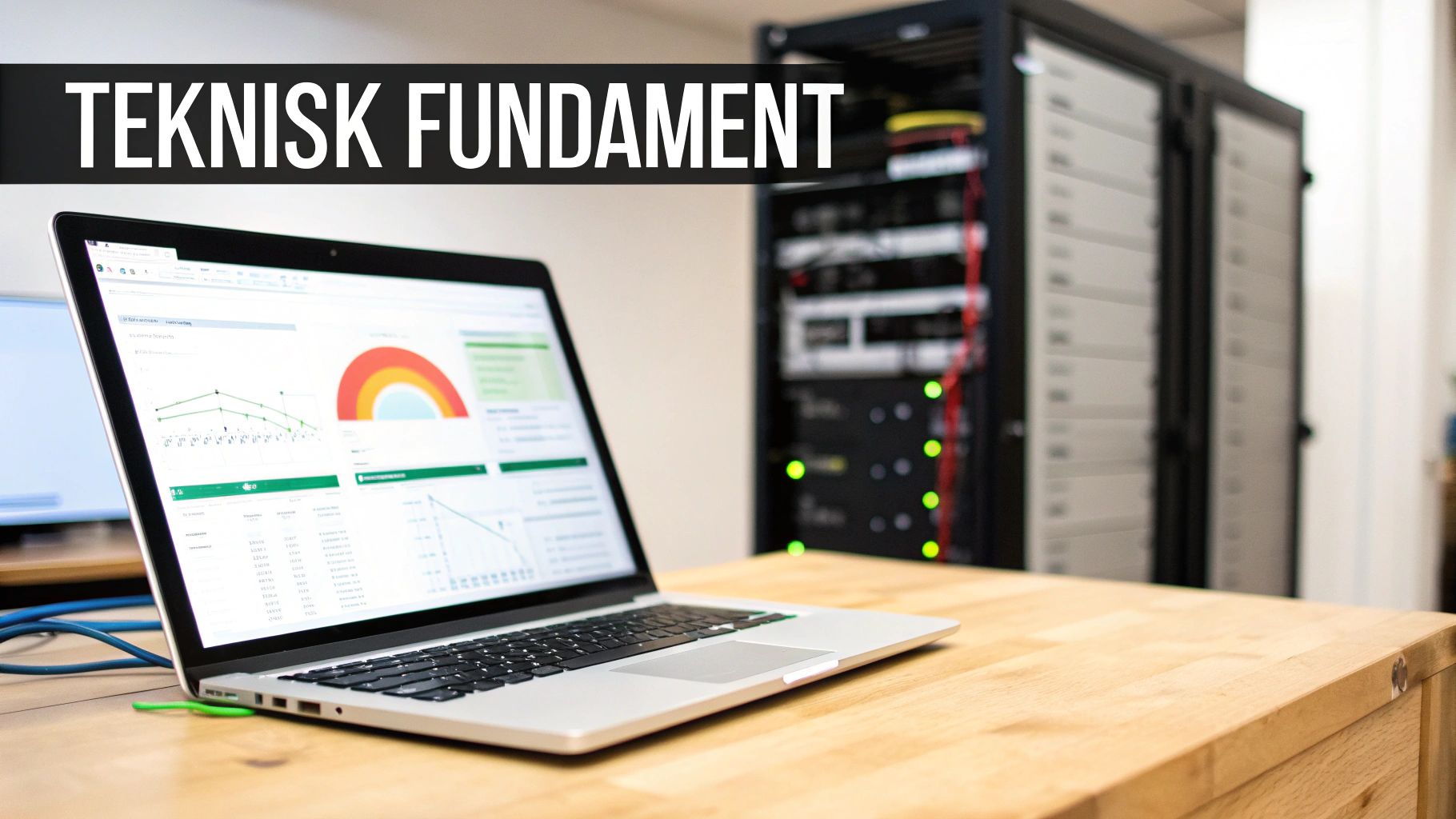 En laptop på et trebord viser grafer og data, med serverrack i bakgrunnen og teksten 'TEKNISK FUNDAMENT'.