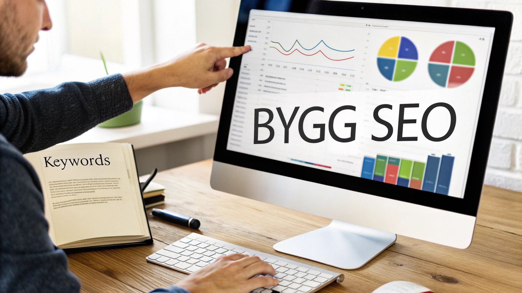 En mann peker på en dataskjerm som viser grafer og teksten "BYGG SEO". En notatbok med "Keywords" ligger på bordet.