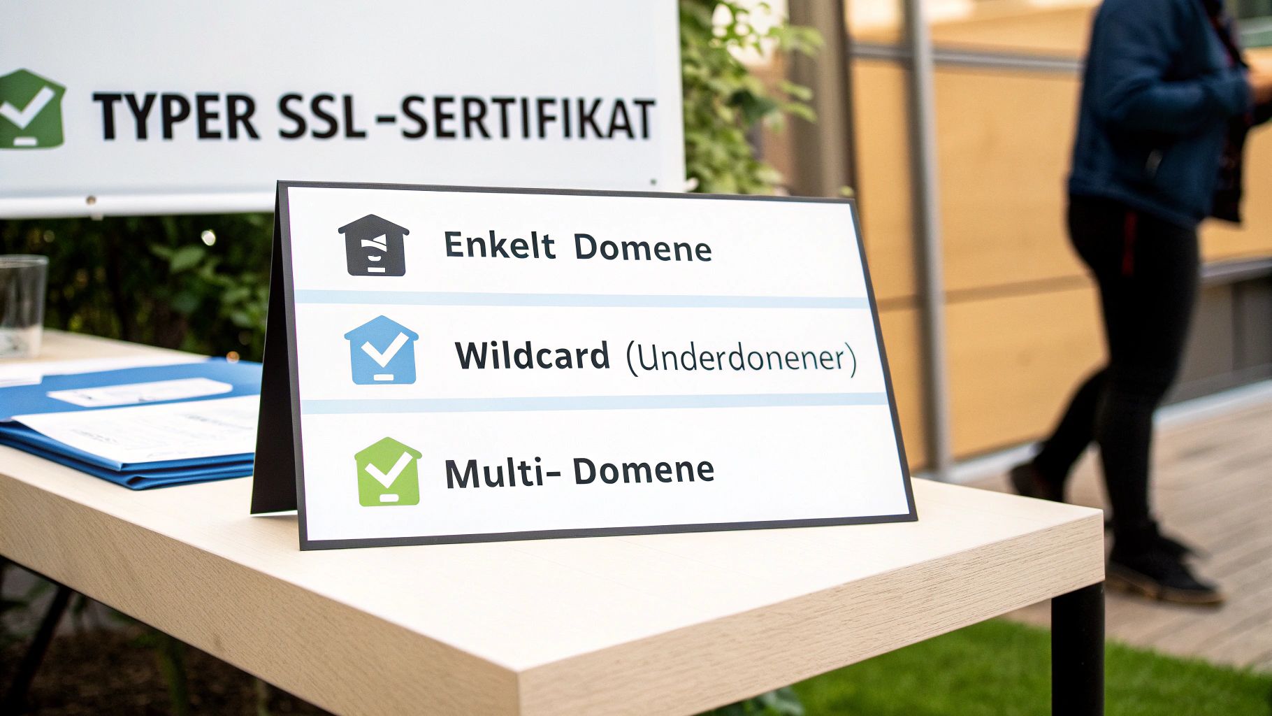 Et skilt på et bord viser ulike typer SSL-sertifikater: Enkelt Domene, Wildcard og Multi-Domene.