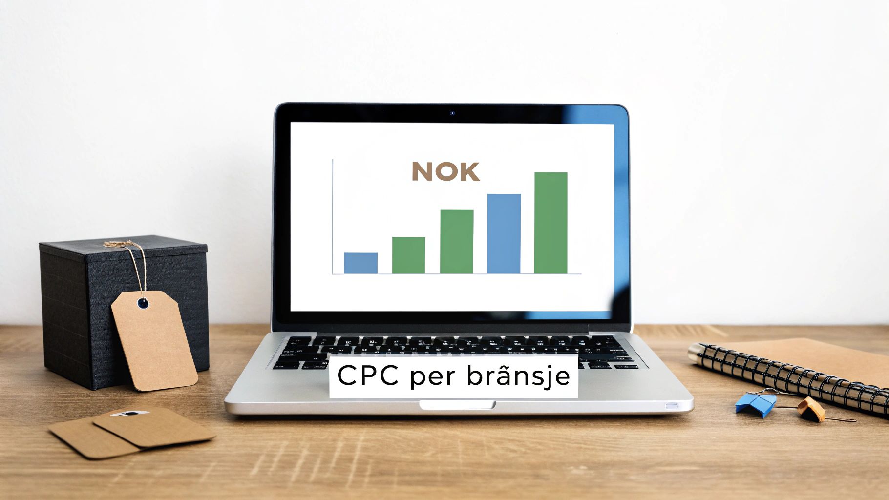 Bærbar PC viser en søylediagram med «NOK» og «CPC per bransje» tekst, sammen med en notatbok og eske.