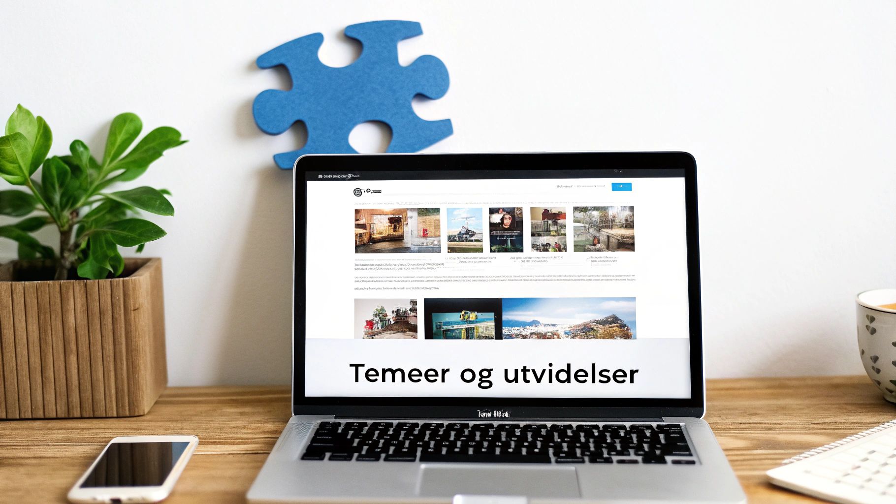 En bærbar PC på et trebord som viser en nettside med 'Temer og utvidelser', med en plante og telefon ved siden av.