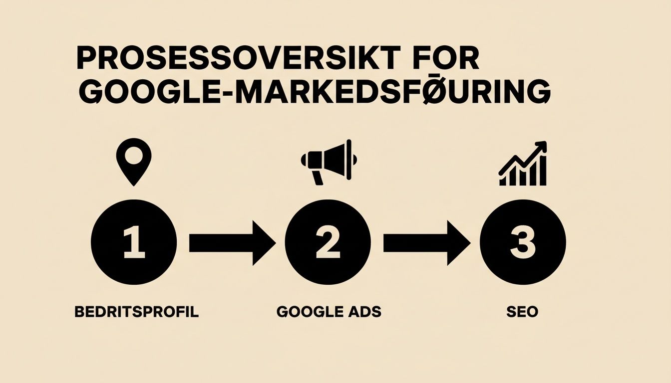 En prosessoversikt for Google-markedsføring viser tre trinn: Bedriftsprofil, Google Ads og SEO med tilhørende ikoner.