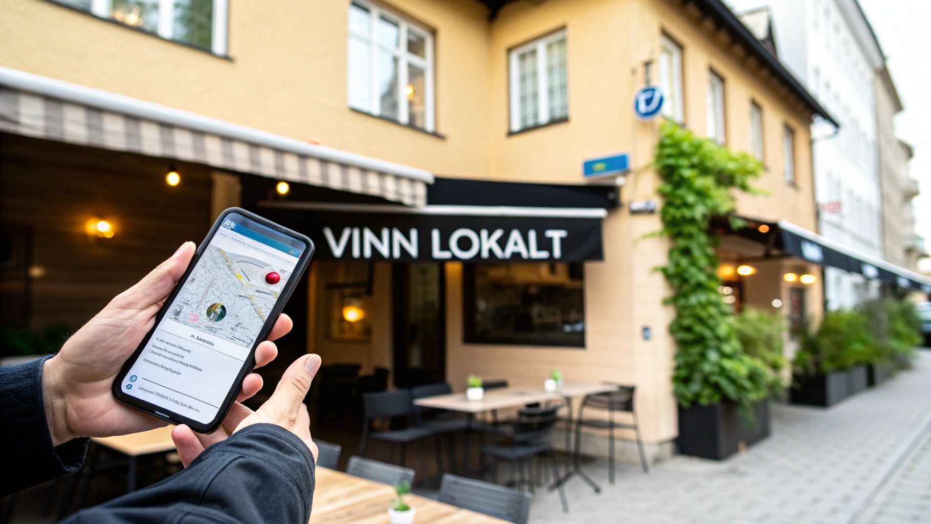 En person holder en smarttelefon med en kartapp foran en bygning med 'Vinn Lokalt' skilt.
