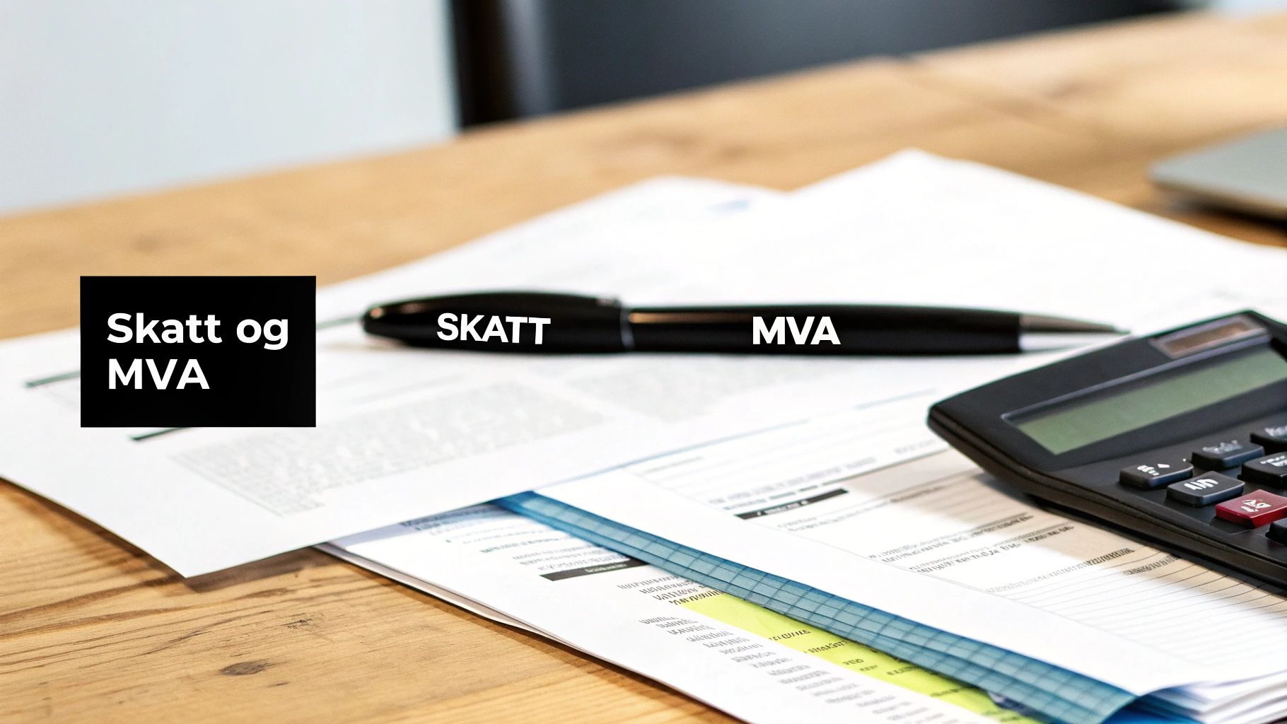 Bilde av en penn med 'SKATT' og 'MVA', en kalkulator og papirer på et bord, som representerer økonomi og skatt.
