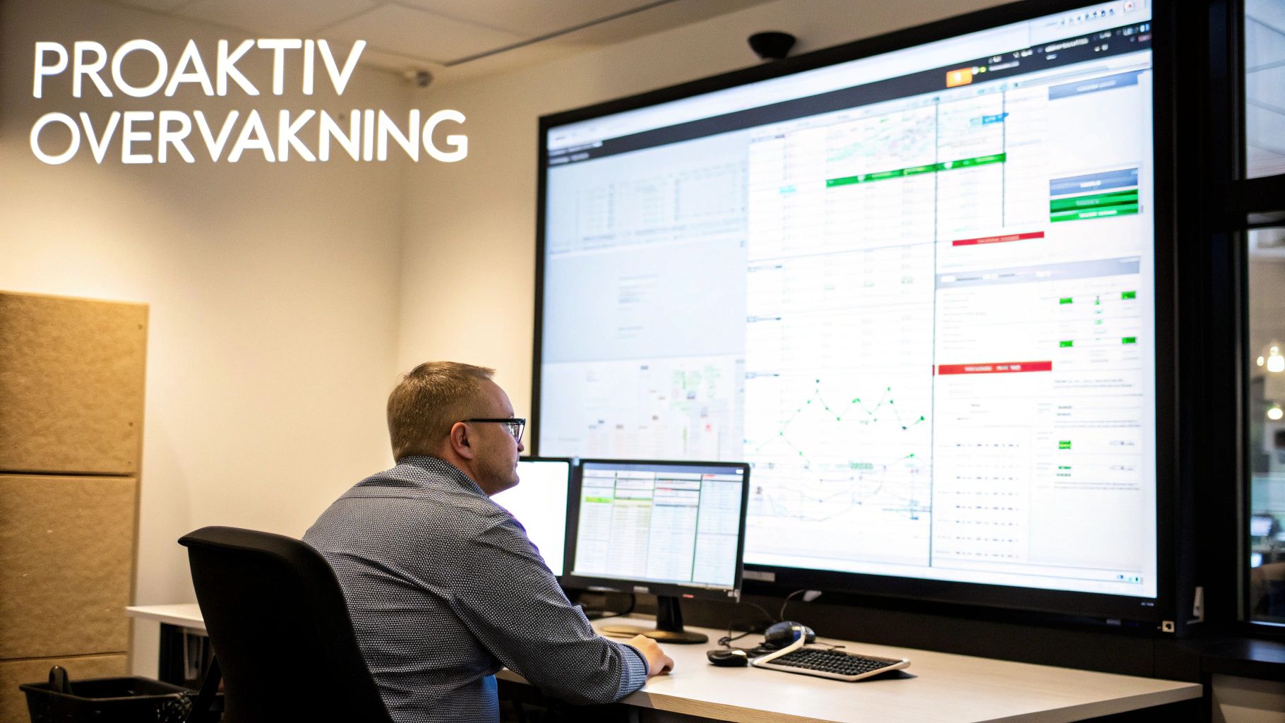En mann sitter foran store skjermer med data og grafer, som viser proaktiv overvåkning av systemer.