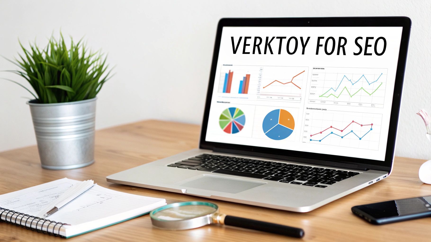 En laptop med skjermen som viser SEO-verktøy, grafer og diagrammer, på et moderne skrivebord med kontorrekvisita.
