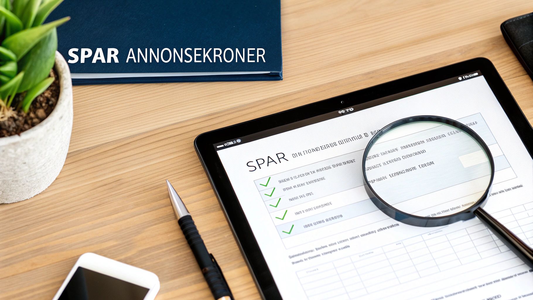 Et skrivebord med en bok som sier 'SPAR ANNONSEKRONER', en tablet med sjekkliste, forstørrelsesglass og penn.