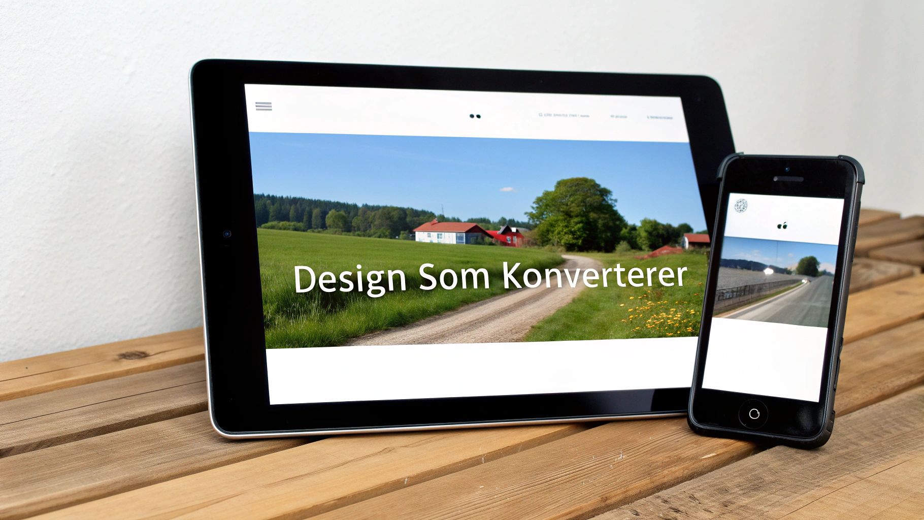 Nettbrett og smarttelefon viser en nettside med teksten 'Design Som Konverterer' og et landlig motiv.