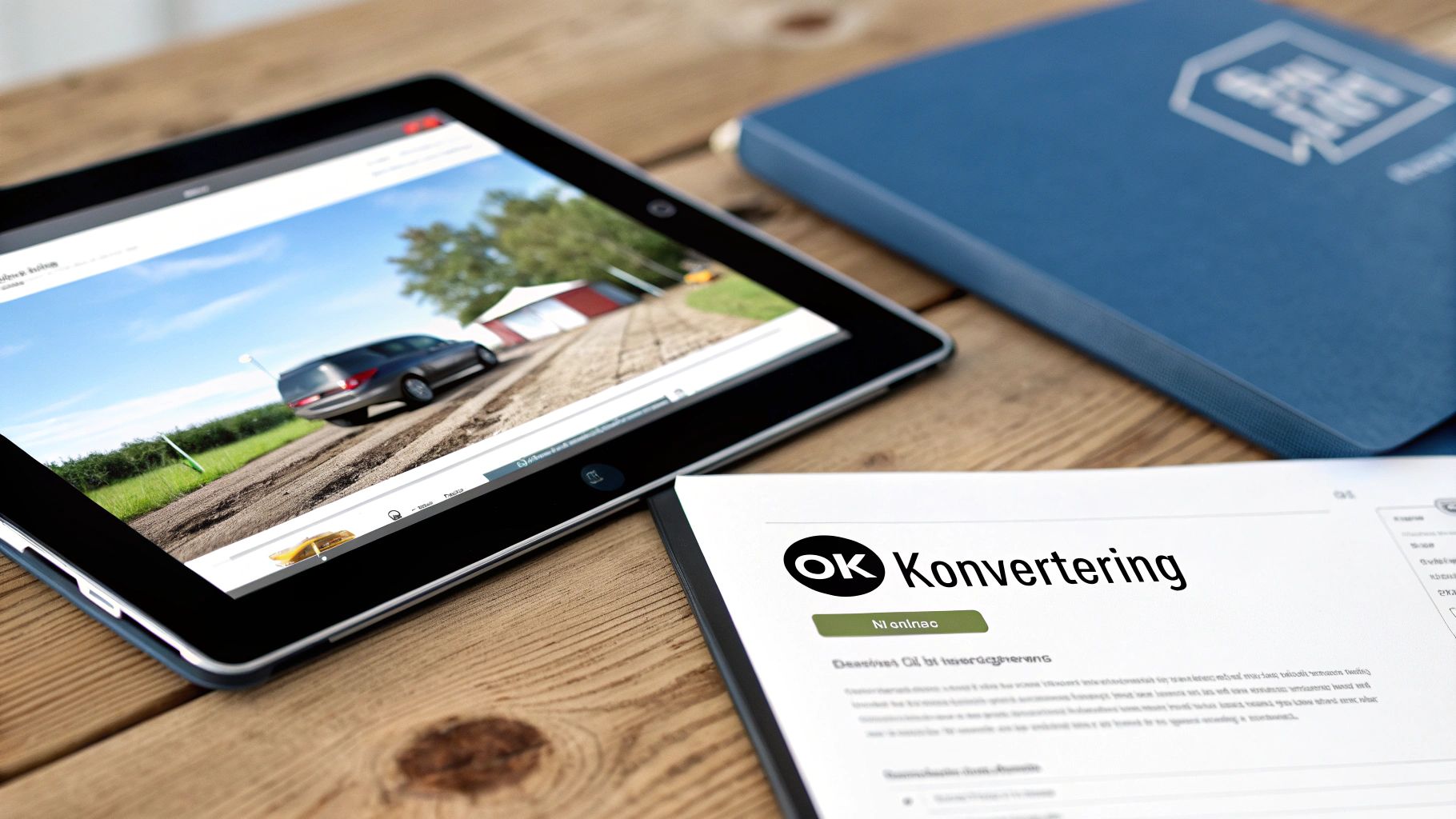 En iPad som viser en nettside med en bil på en grusvei, en blå perm og et dokument på et trebord.