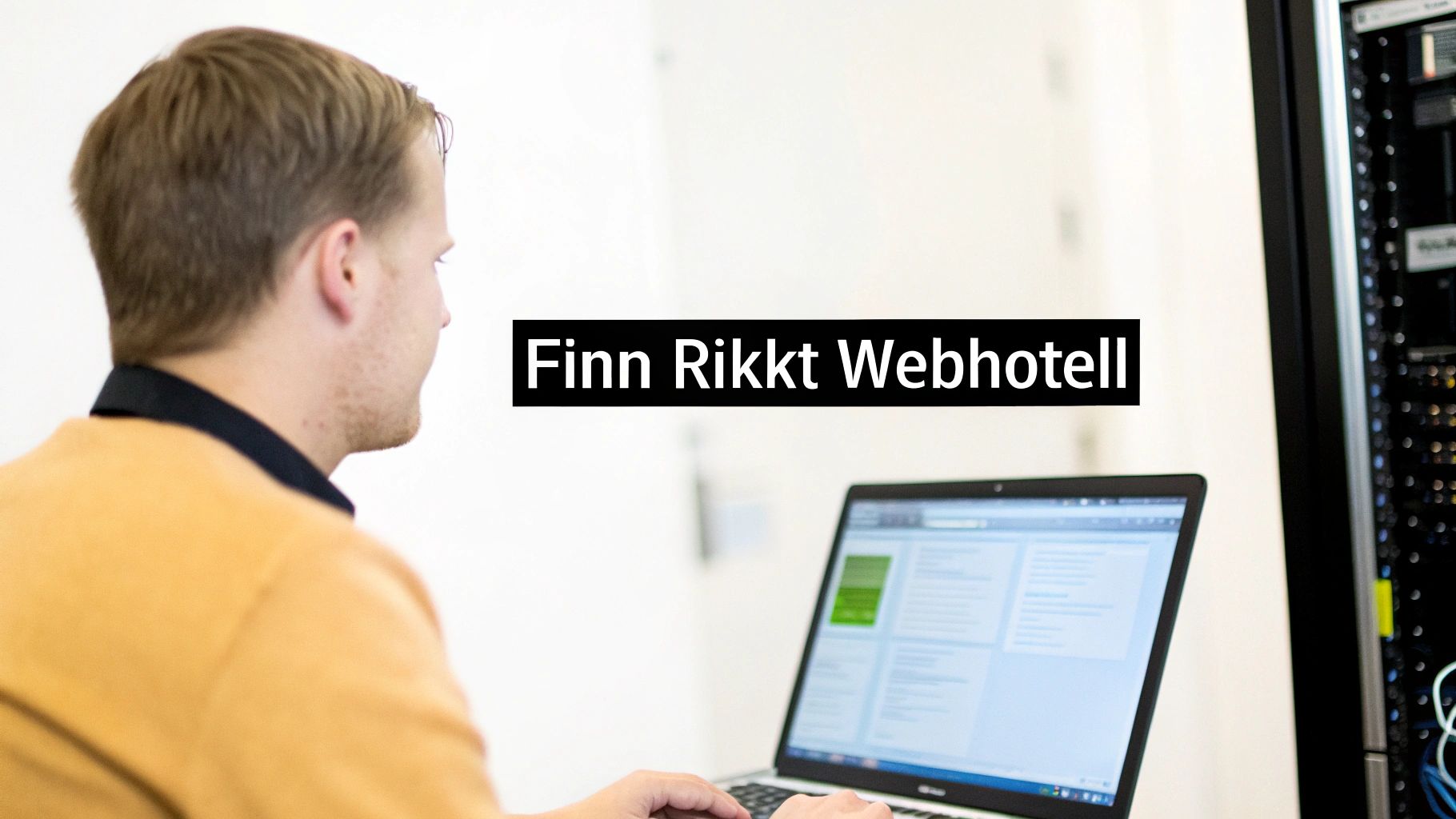 En mann arbeider på en bærbar PC foran et serverrack. Teksten 'Finn Rikkt Webhotell' er synlig.