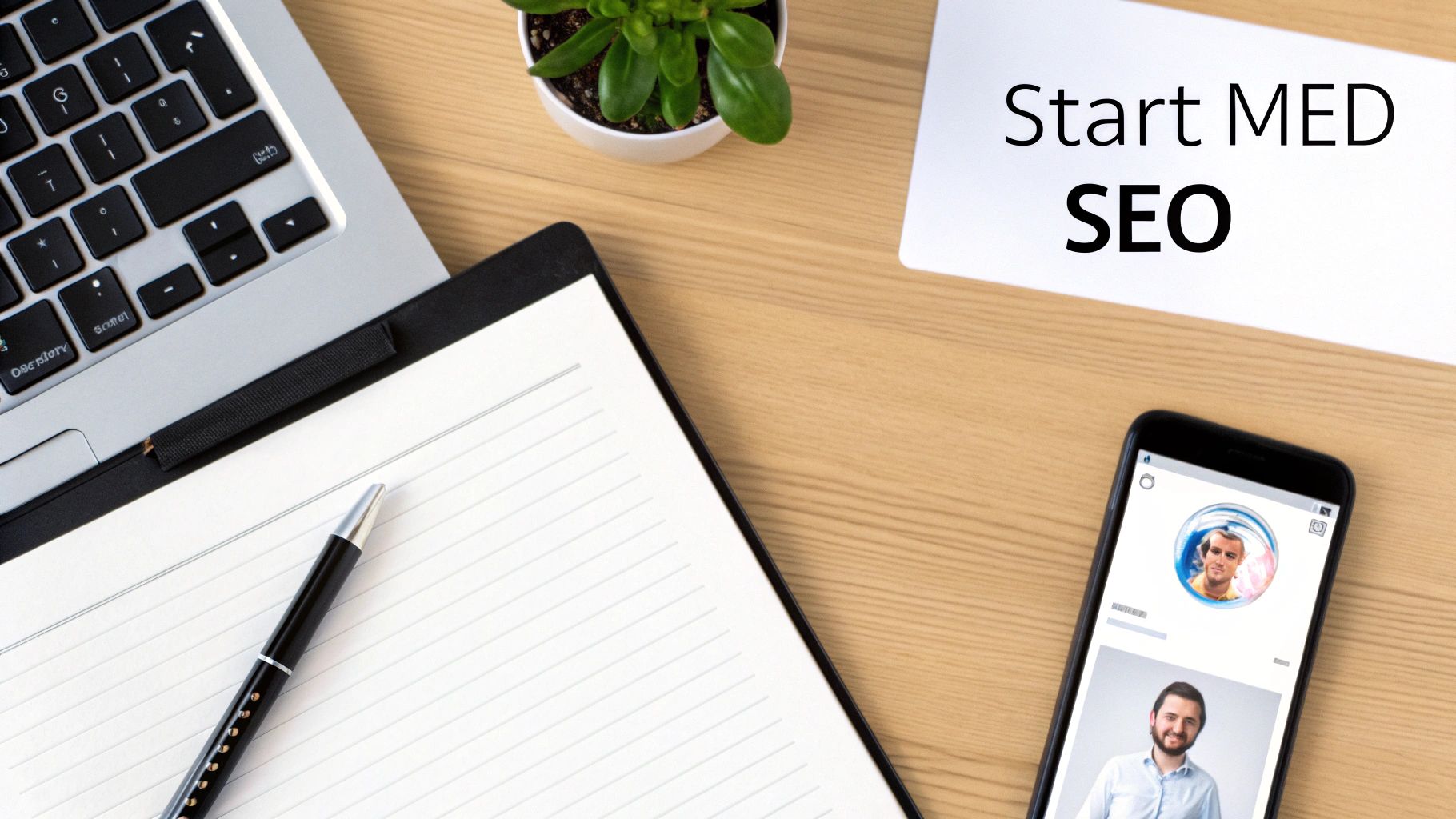 Arbeidsplass med laptop, åpen notatbok, penn, grønn plante, smarttelefon og et notat: 'Start MED SEO'.