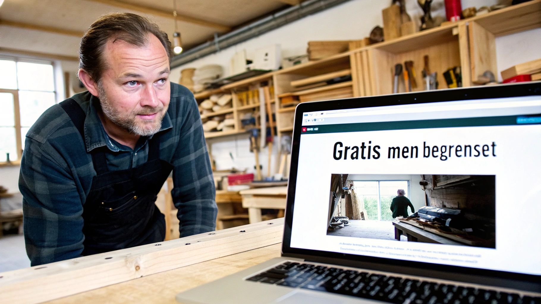 En mann i et verksted ser oppmerksomt på en bærbar datamaskin som viser en nettside.