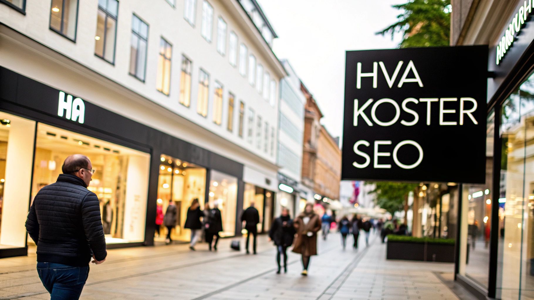 En mann går langs en travel handlegate med butikker, inkludert et prominent skilt som spør "HVA KOSTER SEO".