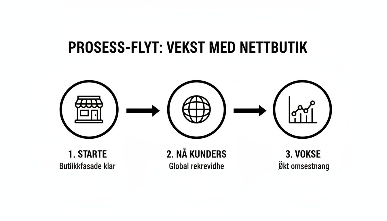 Illustrasjon av prosessflyt for vekst med nettbutikk: starte, nå kunder globalt, og vokse med økt omsetning.
