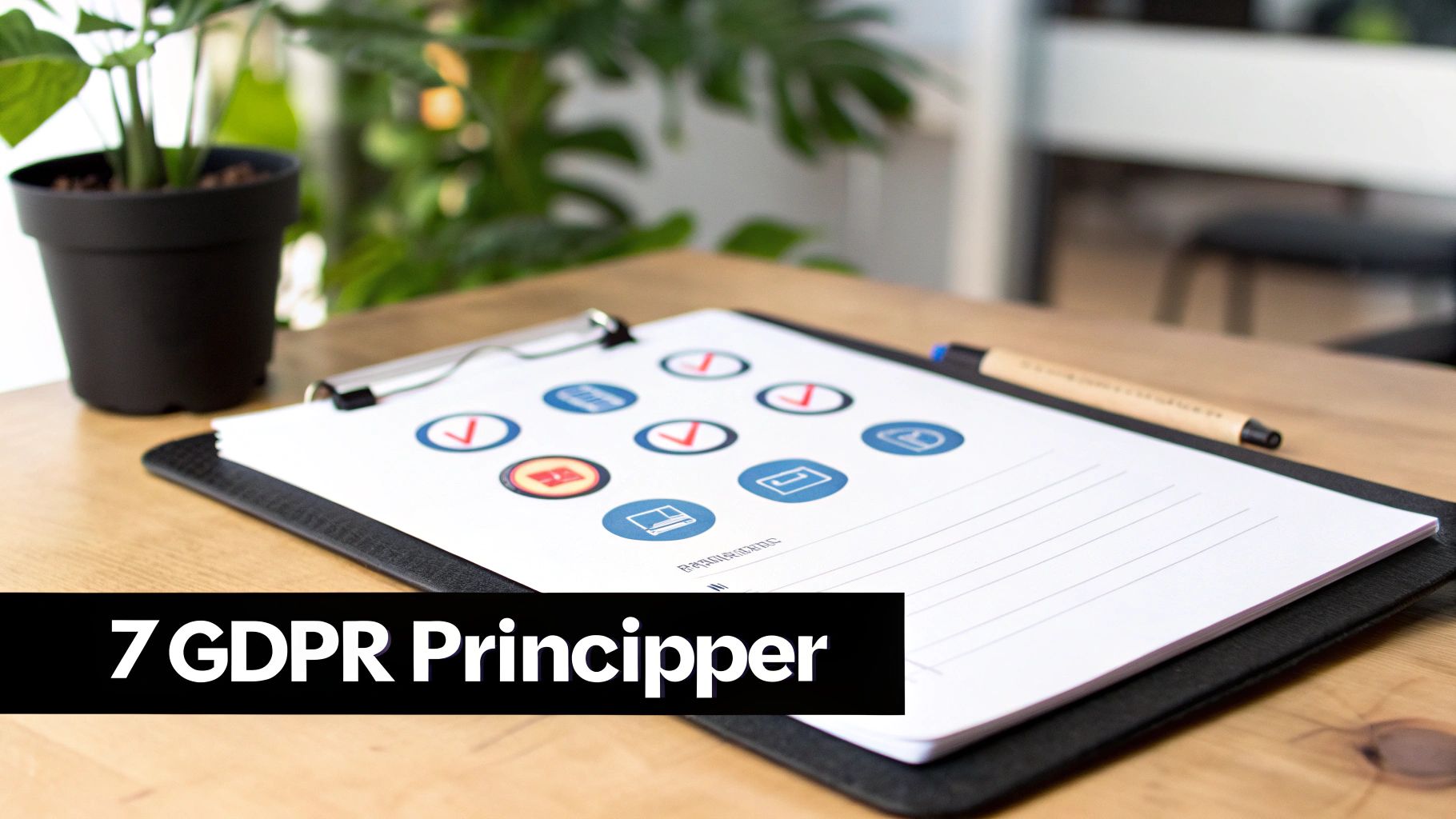 En perm med dokumenter som illustrerer GDPR-prinsipper og sjekkmerker på et trebord.