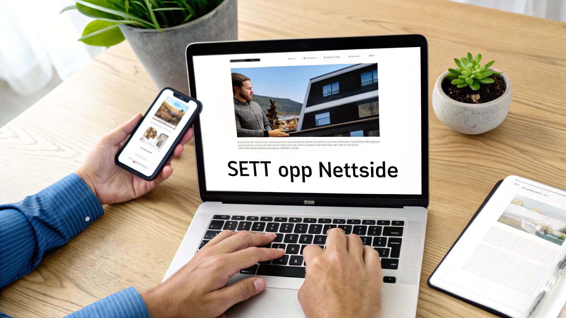 En person sitter ved et trebord og jobber på en laptop og holder en smarttelefon, med tekst "SETT opp Nettside" på skjermen.