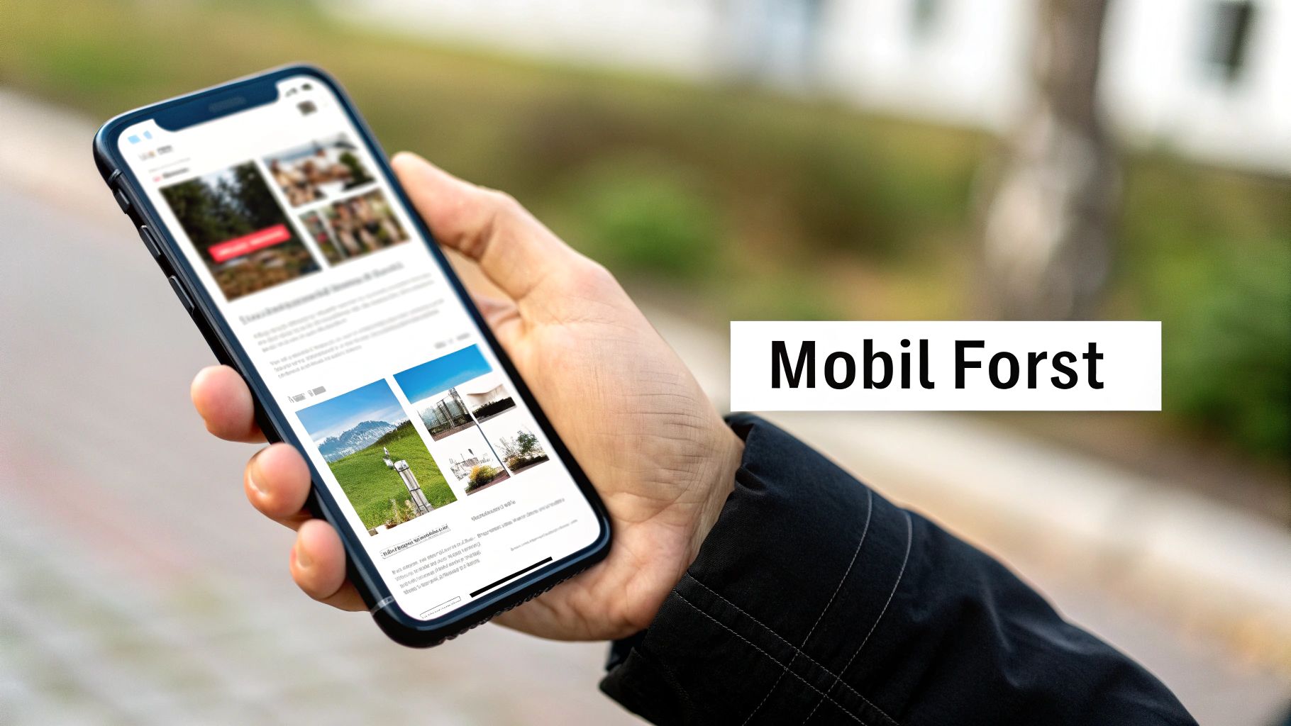 En hånd holder en smarttelefon med en app som viser bilder av natur og boliger, og teksten «Mobil Forst» i bakgrunnen.