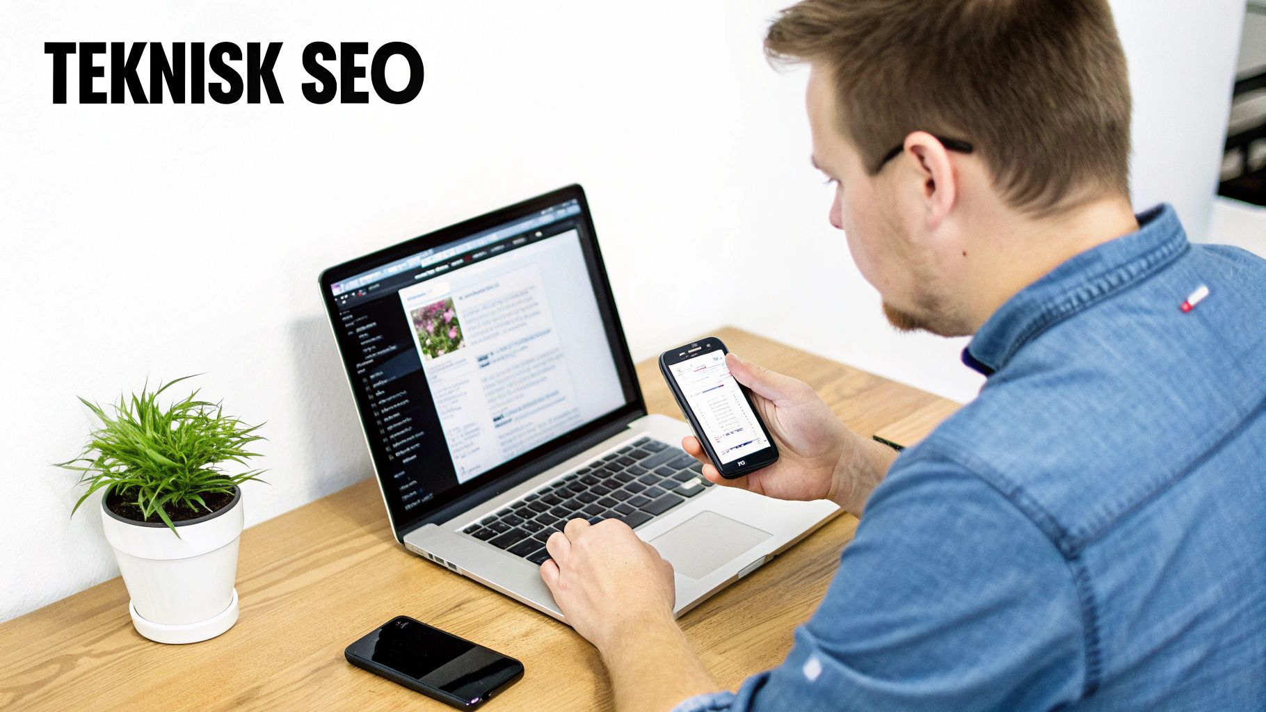 En mann jobber med en bærbar PC og mobiltelefon ved et skrivebord, med teksten 'Teknisk SEO' i forgrunnen.