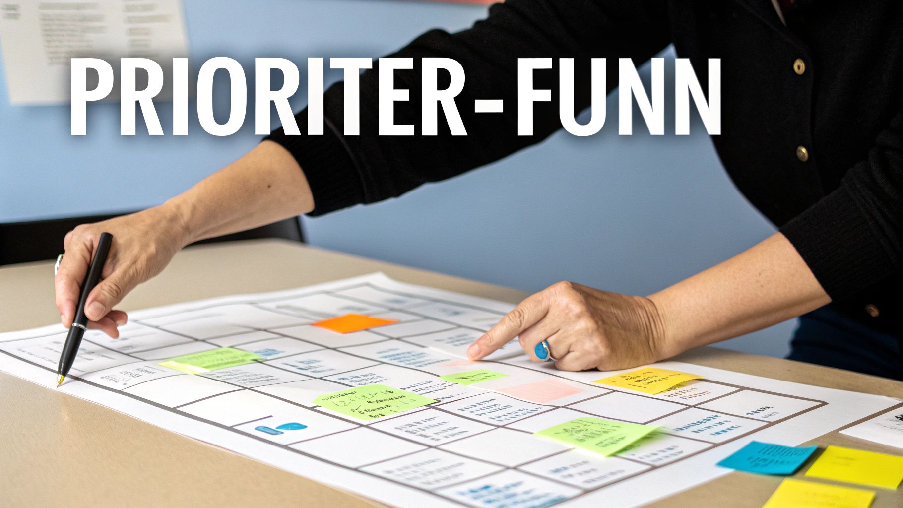 En person prioriterer oppgaver på et stort ark med fargerike klistrelapper, under teksten Prioriter-Funn.