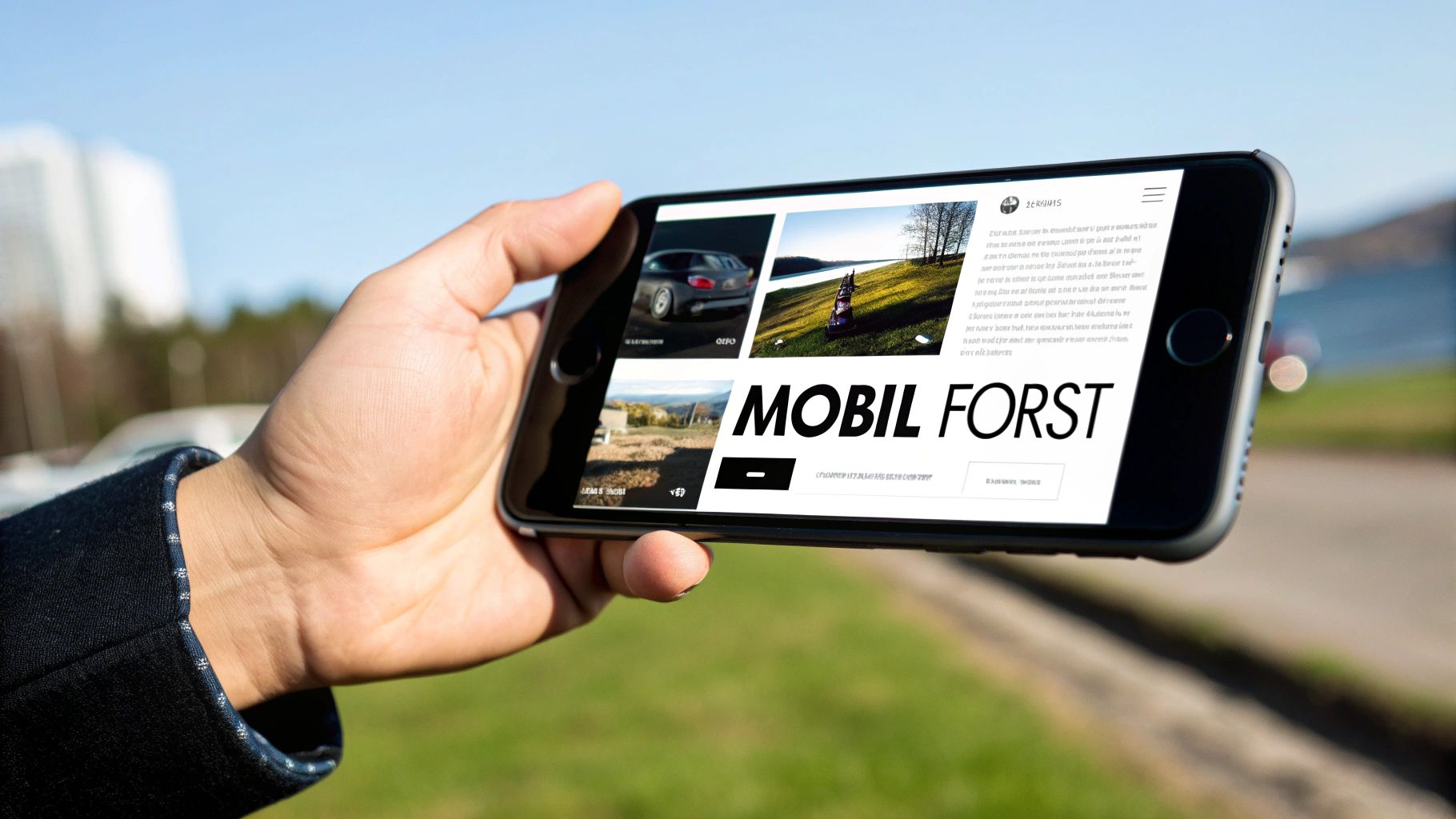 En hånd holder en smarttelefon horisontalt som viser en nettside med bilder og teksten 'MOBIL FORST' i et utendørsmiljø.