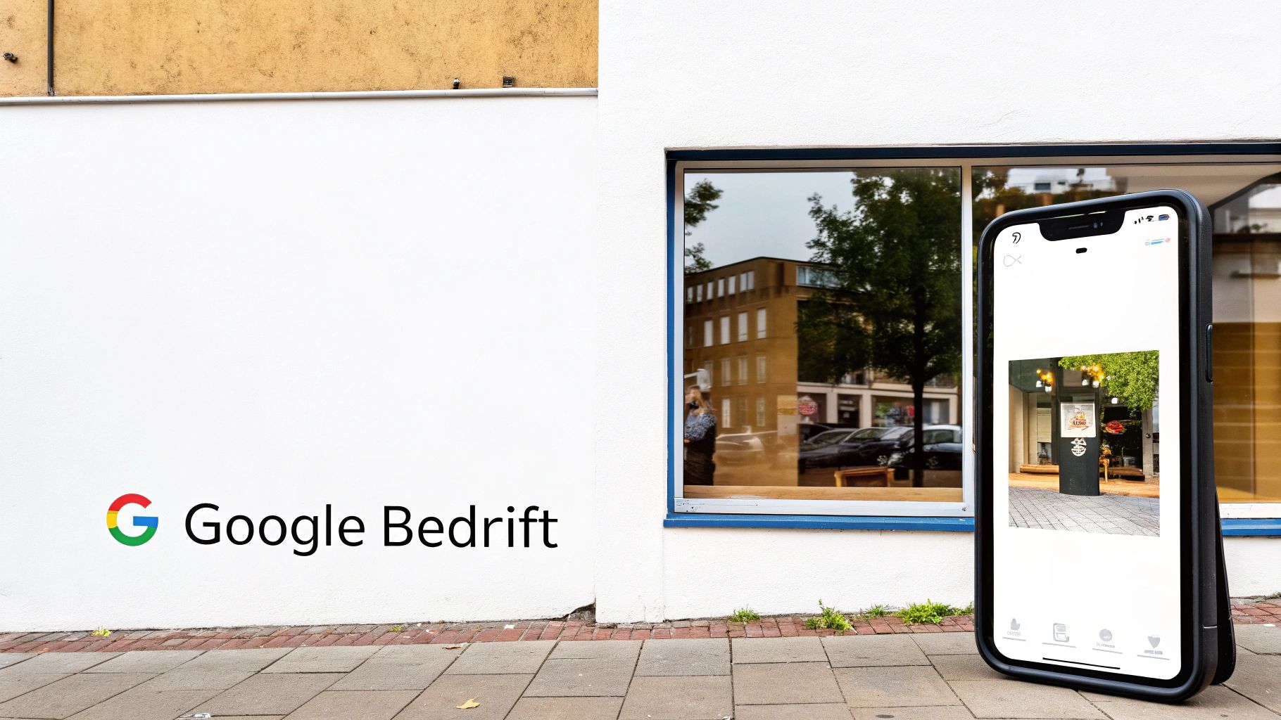 En smarttelefon på fortauet viser en virksomhets inngang, med Google Bedrift-logoen på veggen.