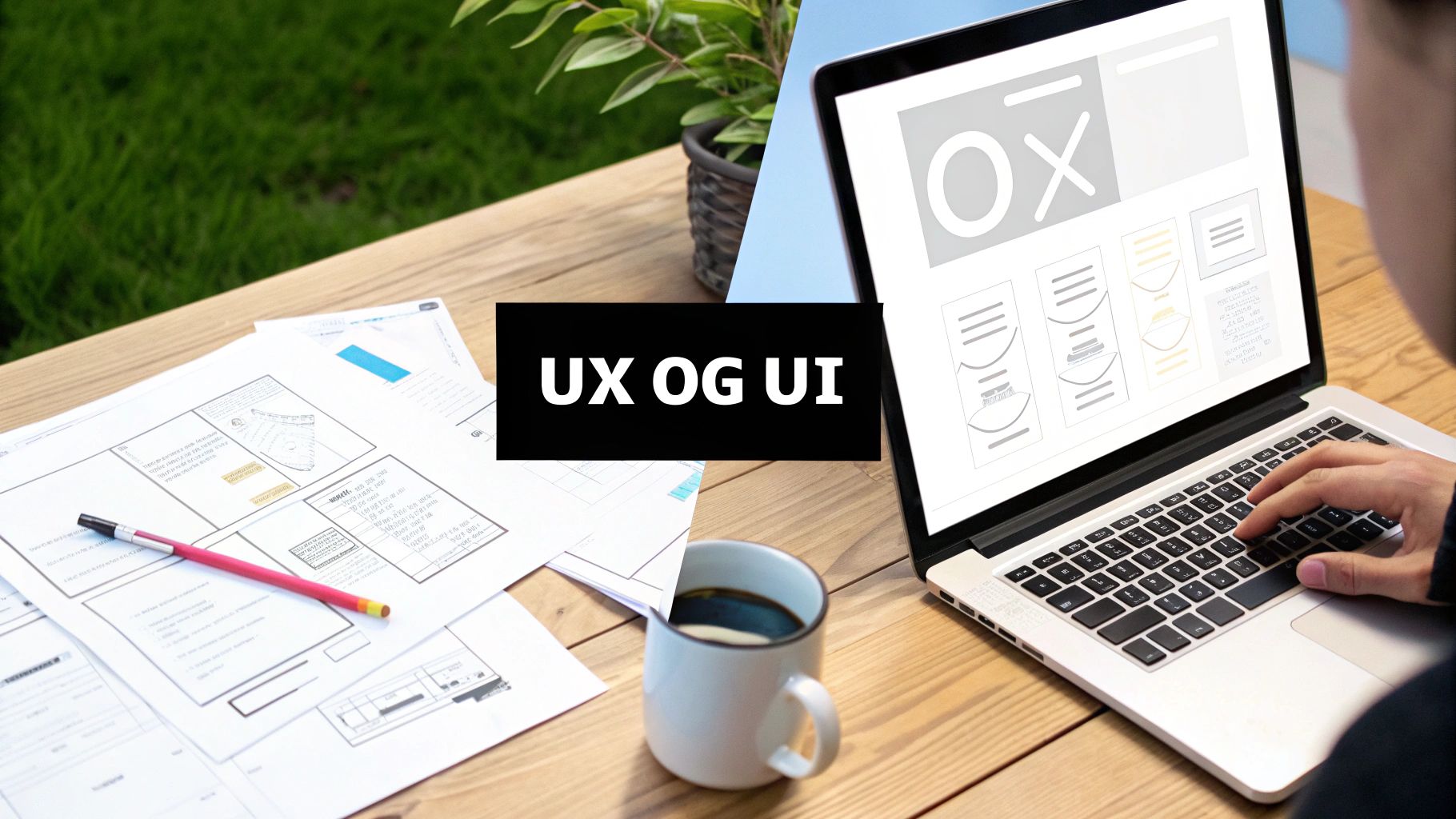 En person designer UX/UI på en laptop og papirer, med kaffekopp på et trebord utendørs.