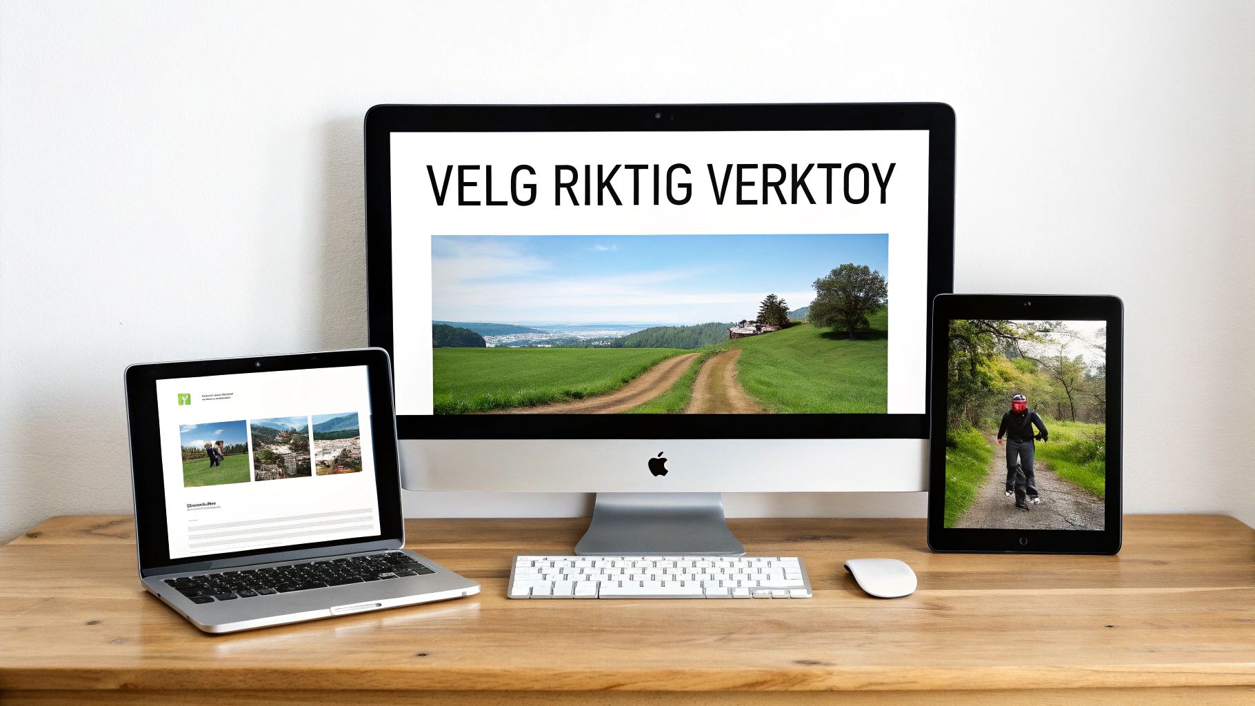 En MacBook, iMac og iPad på et trebord viser ulike skjermbilder, illustrerer valg av riktige verktøy for nettsider.