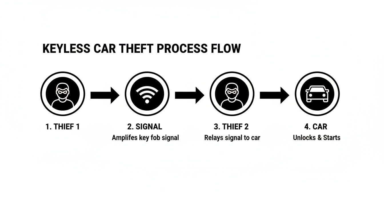 A diagram illustrating the four-step keyless car theft process: Thief 1, Signal amplification, Thief 2 signal relay, and Car unlock/start.