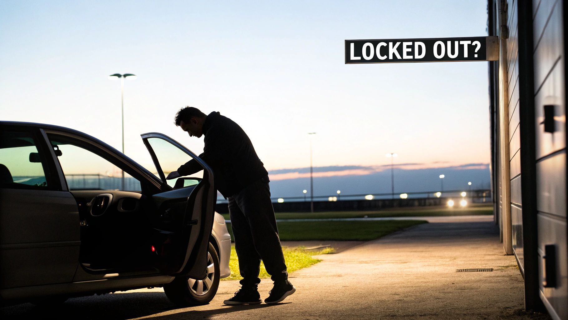A person's hand with car keys visible inside a locked car, seen through the window.