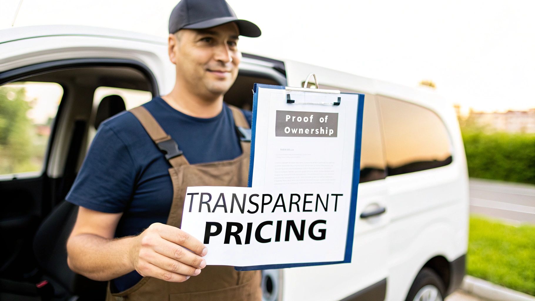 Man smiling next to a white van, holding 'Proof of Ownership' and 'Transparent Pricing' documents.