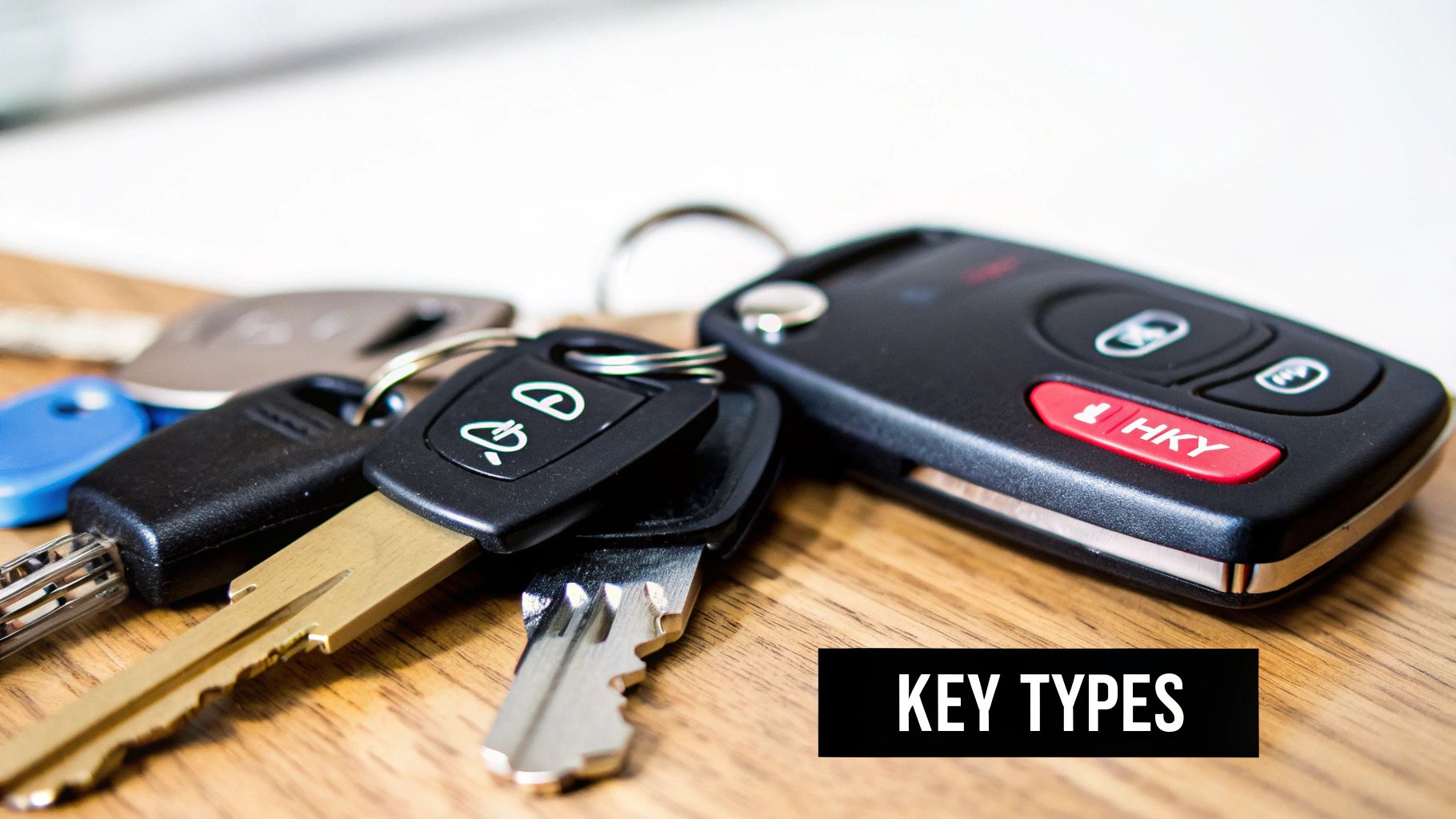 A modern car key fob resting on a wooden surface, highlighting its electronic components.