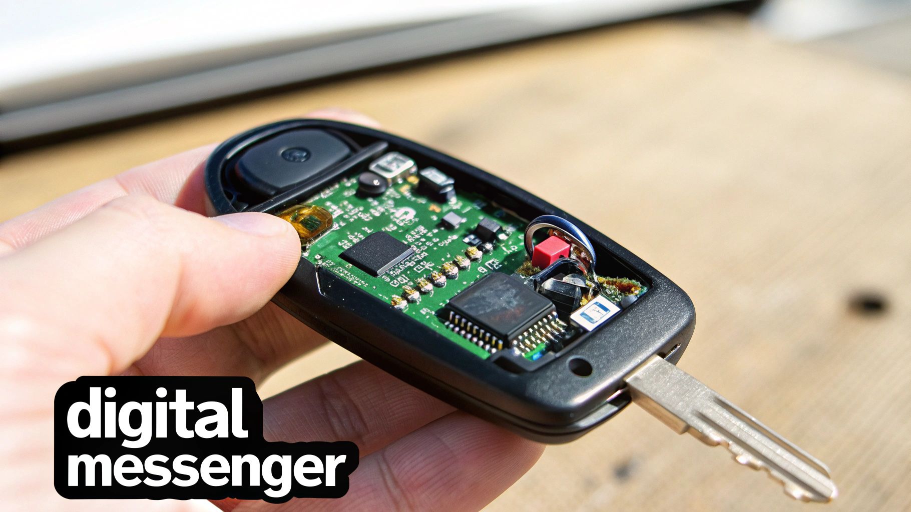 Close-up of a modern car key fob held in someone's hand