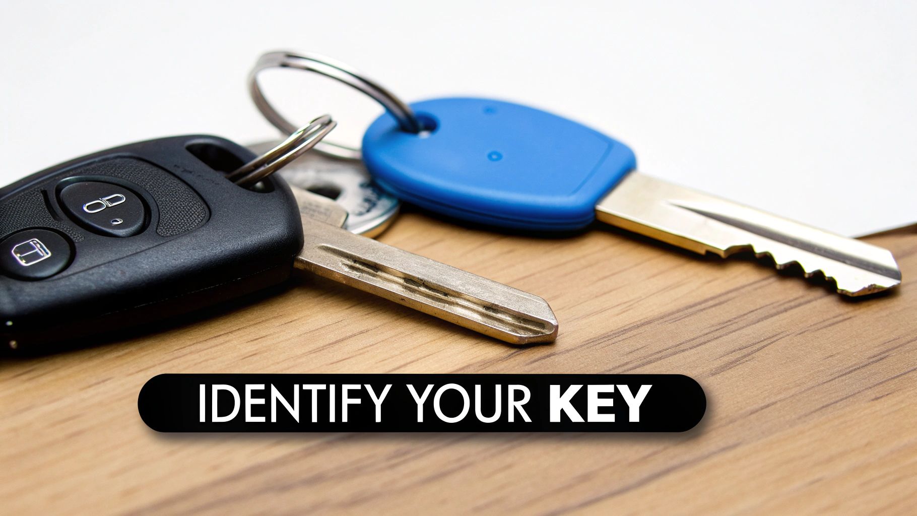 Set of car keys with remote fob and blue keychain on wooden surface for identification