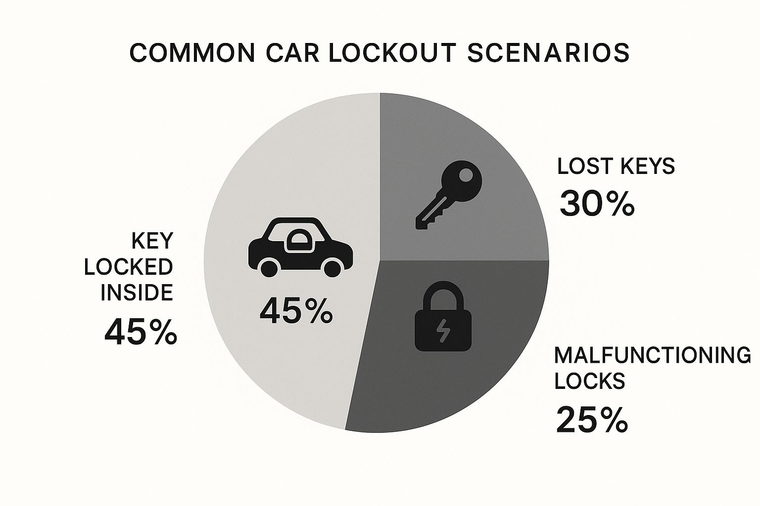 An infographic showing the frequency of car lockout scenarios, with 45% for keys locked inside, 30% for lost keys, and 25% for malfunctioning locks.