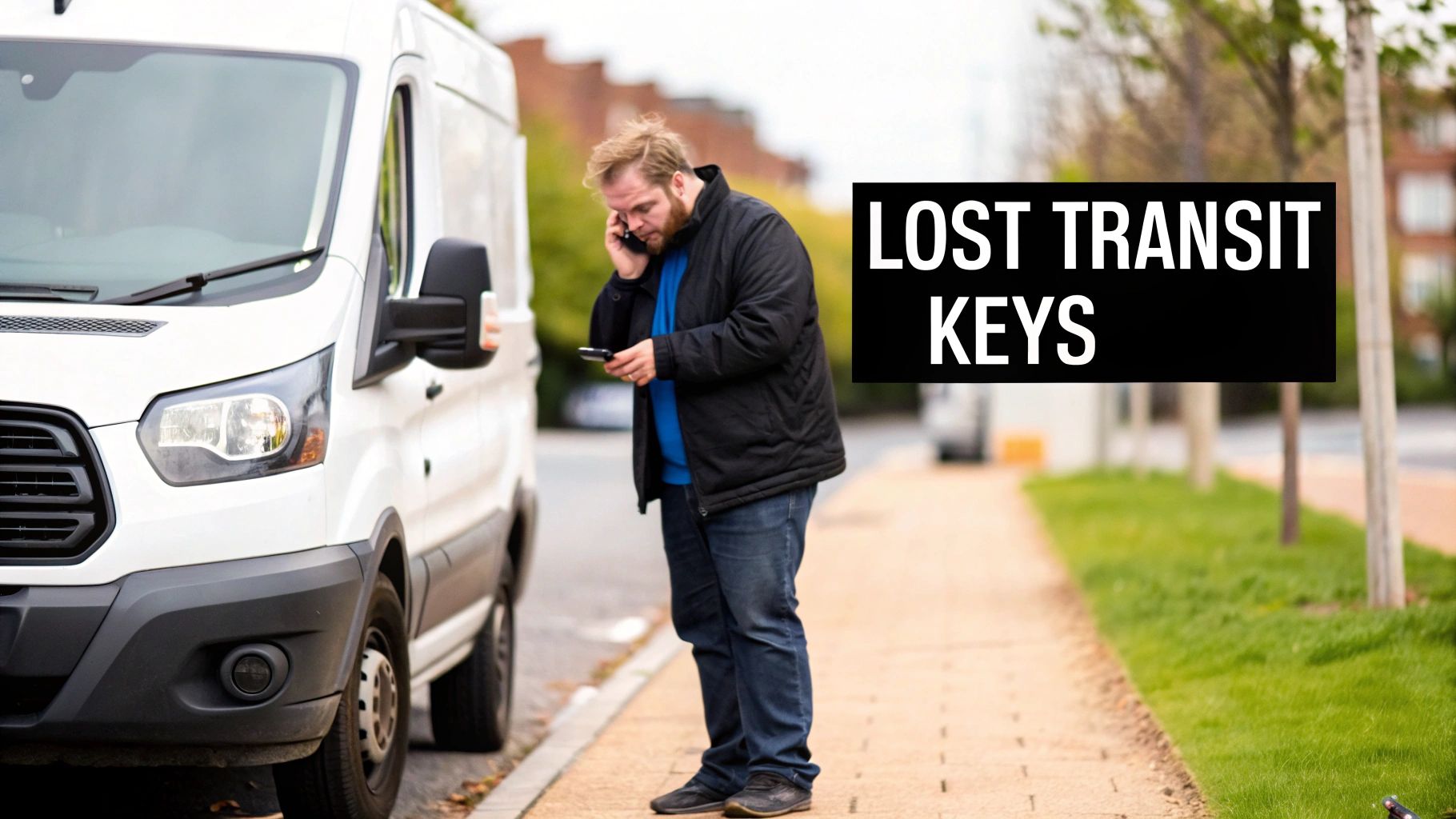 Man on phone standing next to white Ford Transit van after losing his keys