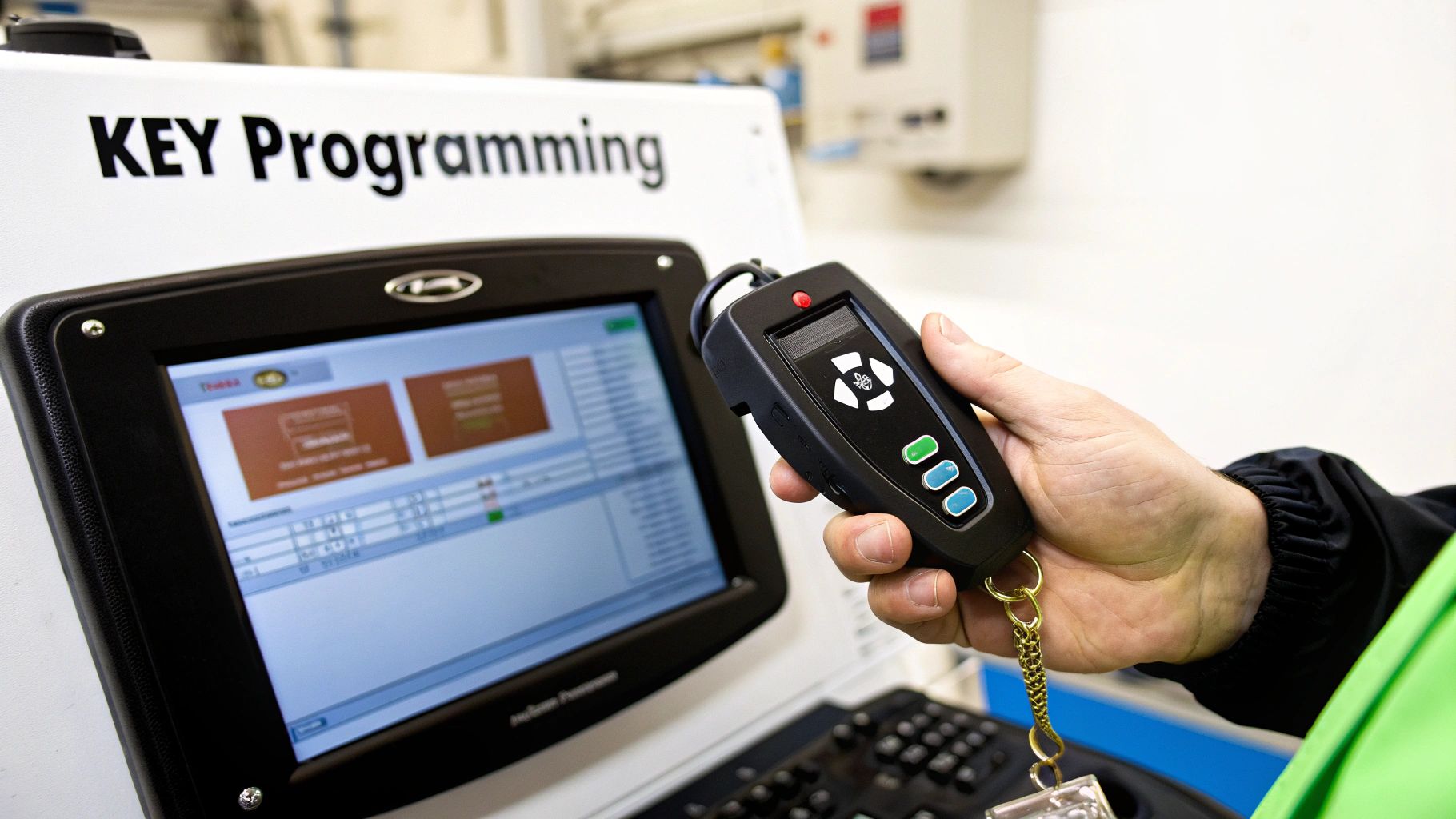 A person holding a new car key and an OBD-II programming tool, deciding whether to attempt a DIY repair.