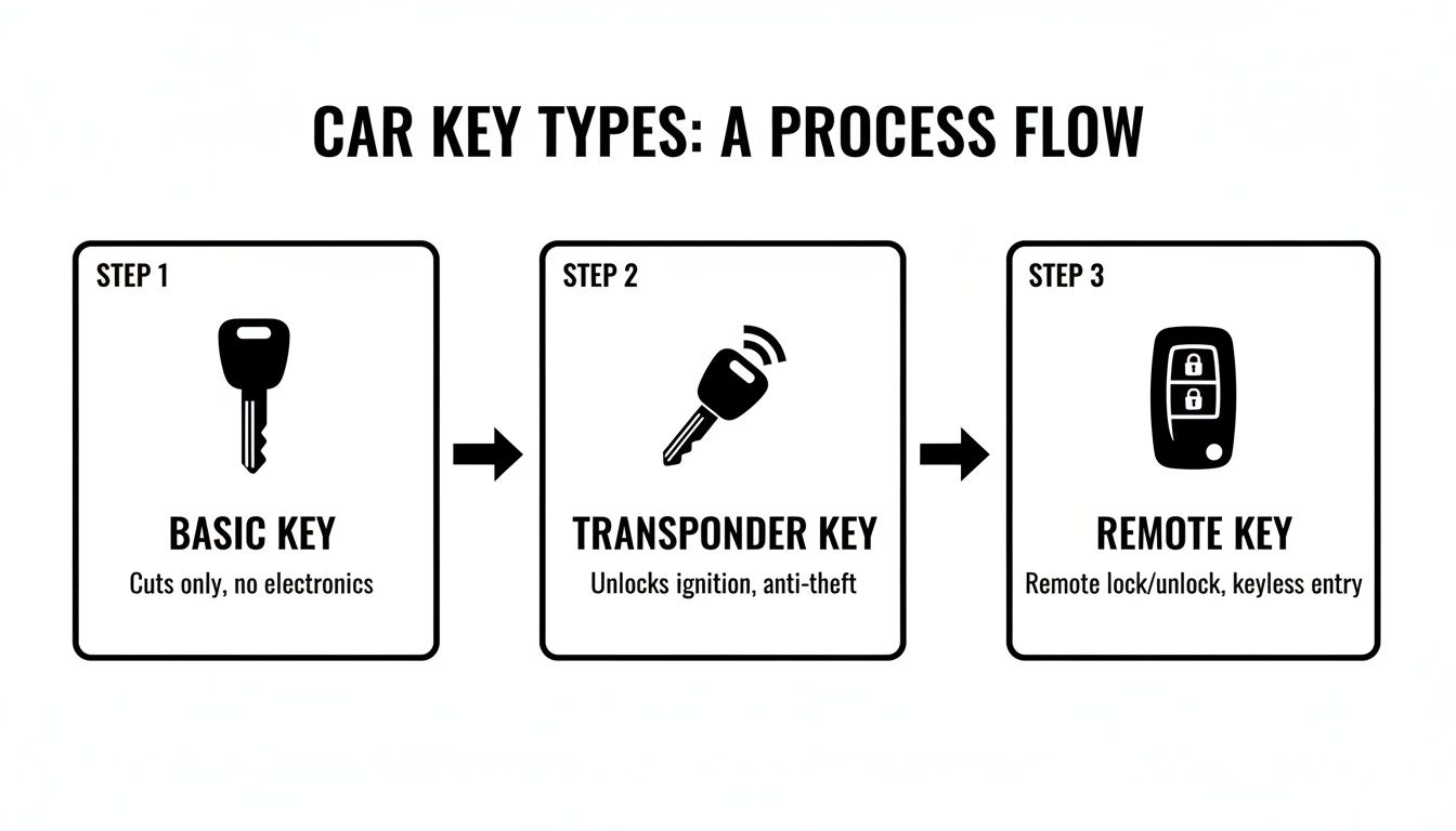 A process flow diagram illustrating the evolution of car key types: basic, transponder, and remote keys.