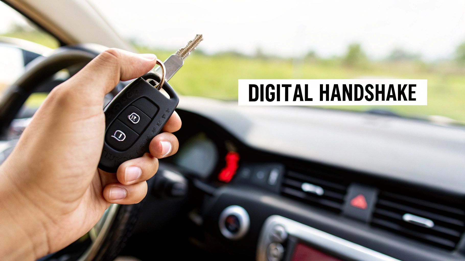 A hand holds a modern car key and remote inside a vehicle, illustrating a 'digital handshake' concept.