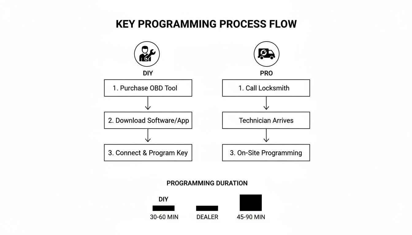 Flowchart illustrating key programming process options, DIY and professional, including duration estimates for each method.