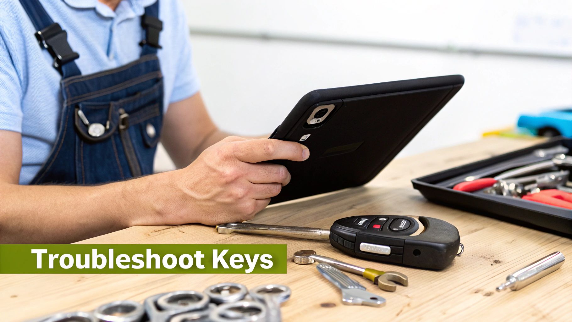 A professional locksmith using diagnostic equipment to program a car key, showcasing expertise.