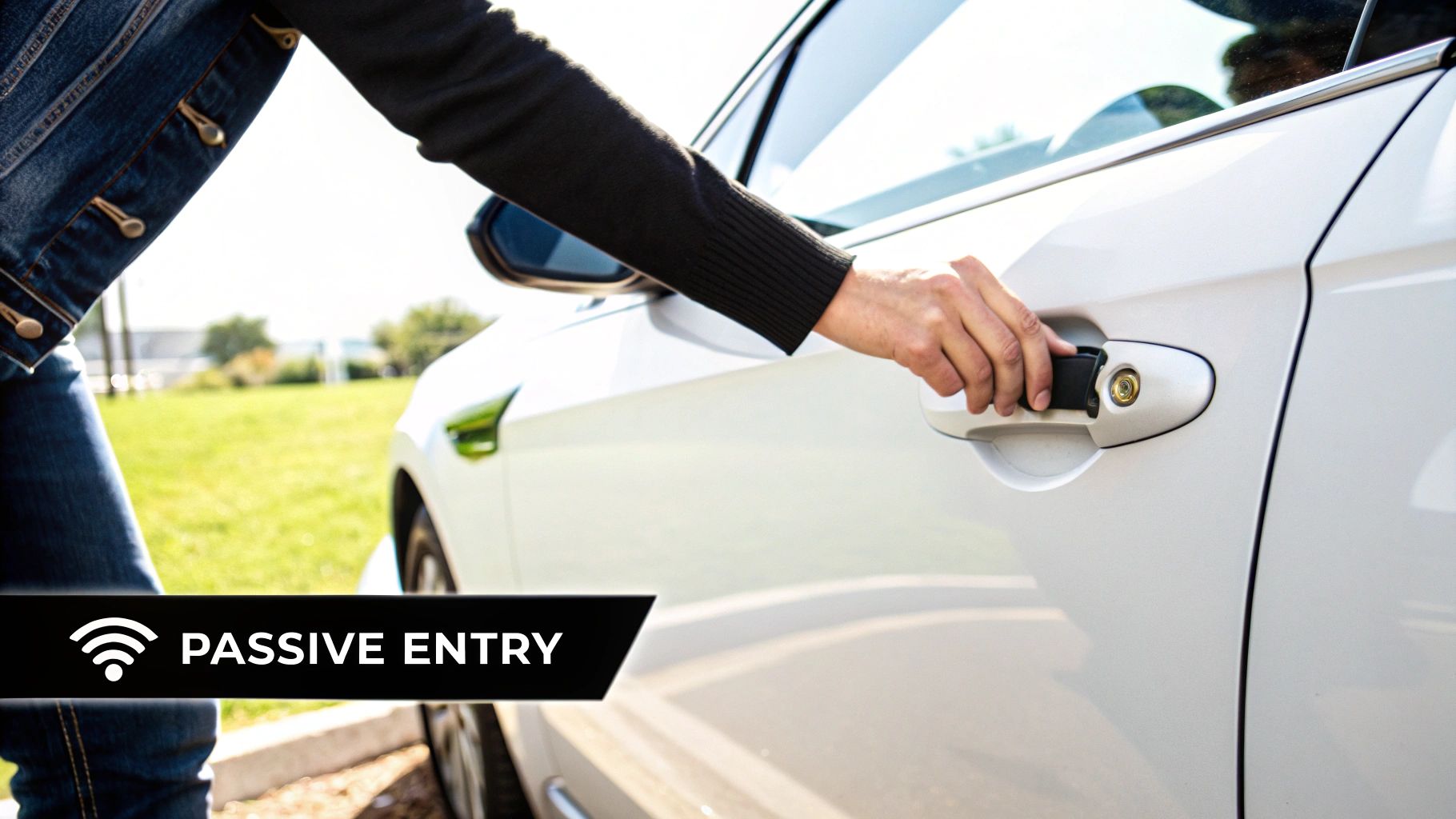 A person's hand pulling a car door handle, with the car unlocking automatically