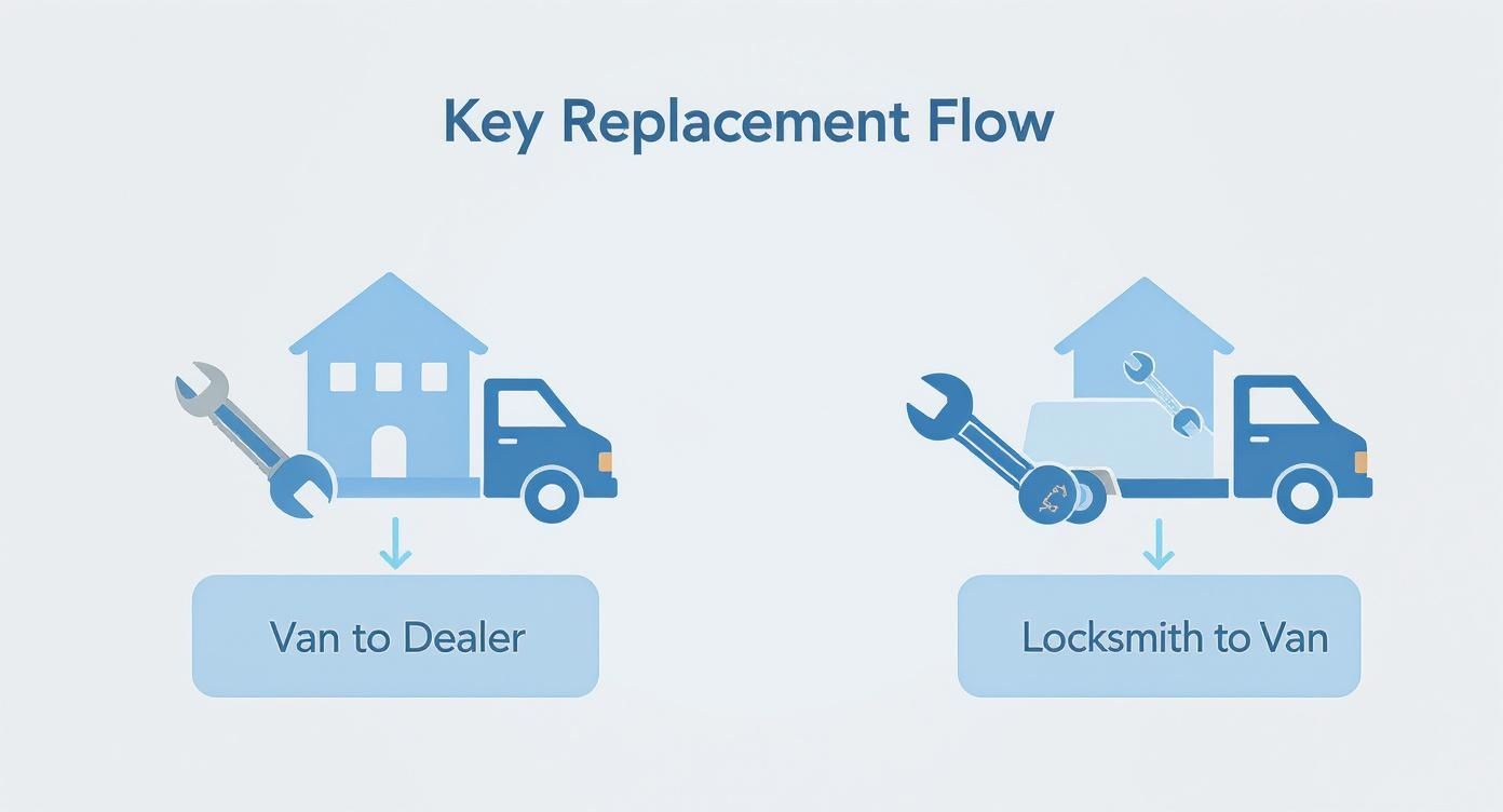 Key replacement flow diagram showing van to dealer and locksmith to van service options
