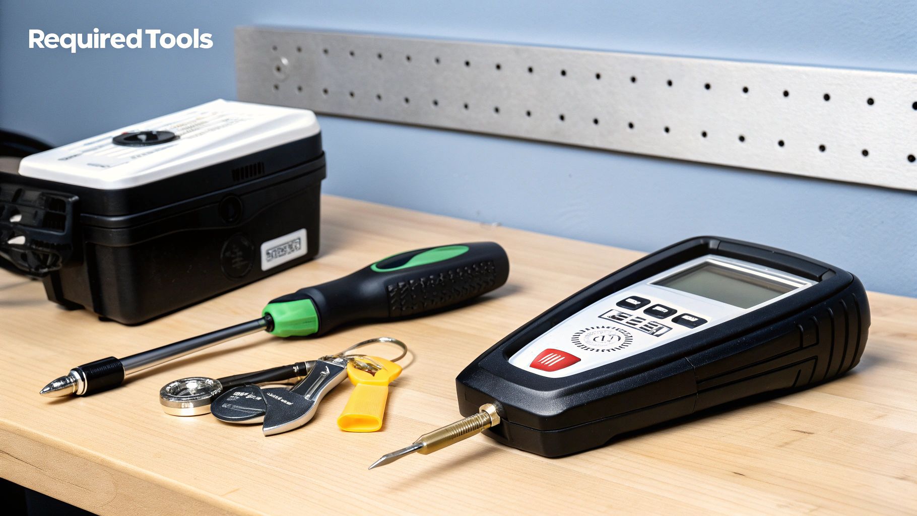 A selection of car key programming tools, including an OBD-II scanner and various key fobs, laid out on a workshop bench.